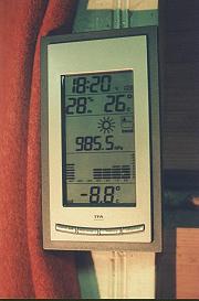 Наша походная метеостанция постоянно фиксировала температуру внутри и снаружи дома, влажность воздуха и атмосферное давление, пока тридцатишестиградусный мороз не вывел ее из строя